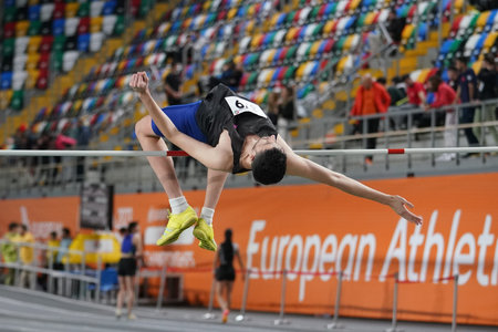 ISTANBUL, TURKIYE - JANUARY 20, 2024: Undefined athlete high jumping during Turkish Athletic...