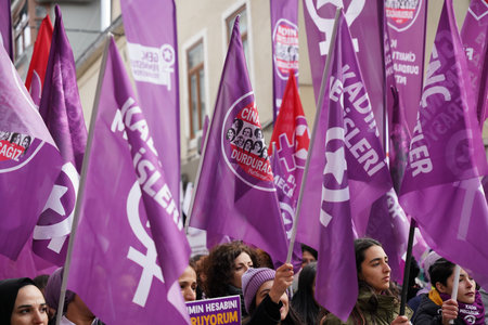 ISTANBUL, TURKIYE - NOVEMBER 26, 2023: People protest violence against women in Kadikoy