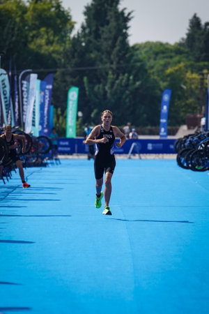 BALIKESIR, TURKIYE - AUGUST 05, 2023: Undefined athlete competing in running component of Europe Triathlon Sprint and Relay Championships in Balikesirのeditorial素材