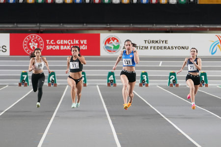 ISTANBUL, TURKIYE - FEBRUARY 17, 2024: Athletes running 60 metres during Turkish Indoor Athletics Championships in Atakoy Athletics Arenaのeditorial素材