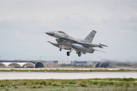 KONYA, TURKIYE - MAY 09, 2023: Turkish Air Force Lockheed Martin F-16C Fighting Falcon (HC-31) take-off from Konya Airport during Anatolian Eagle Air Force Exerciseのeditorial素材