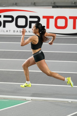 ISTANBUL, TURKIYE - FEBRUARY 17, 2024: Undefined athlete running during Turkish Indoor Athletics...