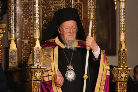 ISTANBUL, TURKIYE - MAY 04, 2024: Ecumenical Patriarch Bartholomew of Constantinople during Easter in Ecumenical Patriarchate of Constantinople, Istanbulのeditorial素材