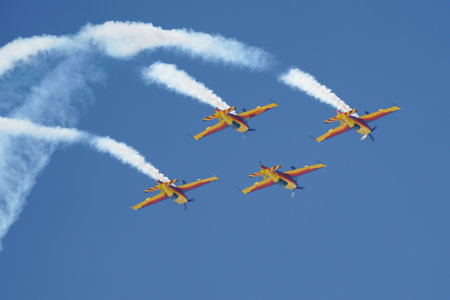 ESKISEHIR, TURKIYE - SEPTEMBER 16, 2023: Romanian Hawks Aerobatics Team displayed at Sivrihisar SHG Airshowのeditorial素材