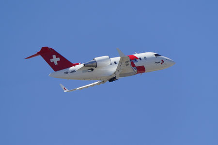 ISTANBUL, TURKIYE - JUNE 08, 2024: REGA - Swiss Air Ambulance Bombardier CL-600-2B16 (6092) take-off from Istanbul Ataturk Airportのeditorial素材