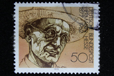 ISTANBUL, TURKEY - DECEMBER 25, 2020: German stamp shows Hermann Hesse, German winners of Nobel...