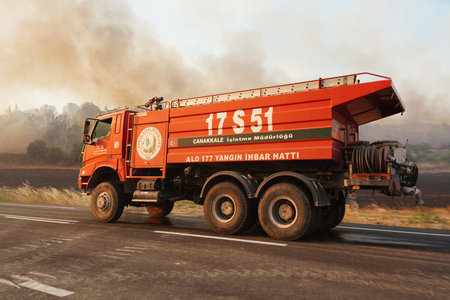 CANAKKALE, TURKIYE - JUNE 18, 2024: Firefighters extinguish forest fire in Gallipoli