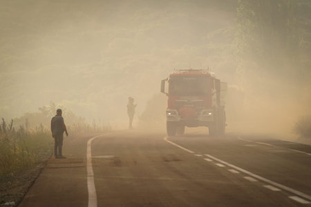 CANAKKALE, TURKIYE - JUNE 18, 2024: Firefighters extinguish forest fire in Gallipoli