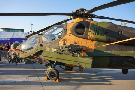ISTANBUL, TURKIYE - MAY 01, 2023: Turkish Army TAI T-129A ATAK displayed at Istanbul Ataturk Airport...