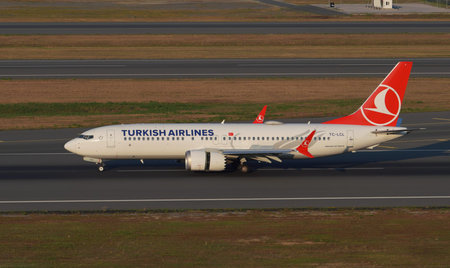 ISTANBUL, TURKIYE - JUNE 21, 2023: Turkish Airlines Boeing 737-8MAX (60054) landing to Istanbul...