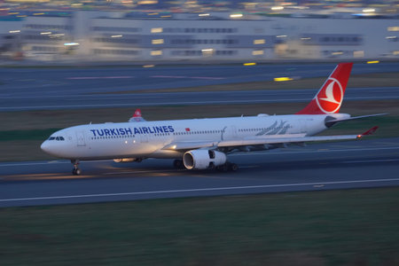 ISTANBUL, TURKIYE - JUNE 21, 2023: Turkish Airlines Airbus A330-343E (1491) landing to Istanbul...