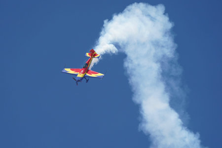 ESKISEHIR, TURKIYE - SEPTEMBER 17, 2023: Romanian Hawks Aerobatics Team Extra 330SC displayed at...