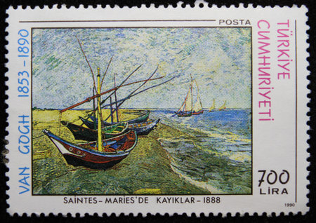ISTANBUL, TURKEY - DECEMBER 26, 2020: Turkish stamp shows Painting by Vincent Van Gogh, Boats in...
