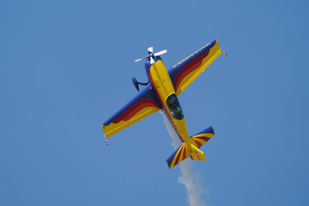 ESKISEHIR, TURKIYE - SEPTEMBER 16, 2023: Romanian Hawks Aerobatics Team Extra 330SC displayed at...