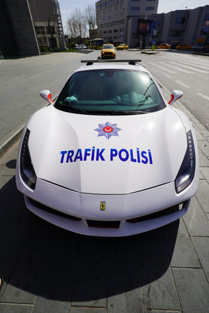 ISTANBUL, TURKEY - MARCH 31, 2024: Ferrari 488 GTB Turkish Police Car in Taksim Square, Istanbul...
