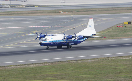 ISTANBUL, TURKIYE - SEPTEMBER 02, 2023: Motor Sich Airlines Antonov An-12BK (9346810) landing to...