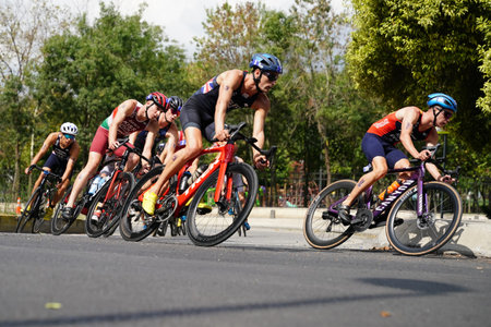 ISTANBUL, TURKIYE - AUGUST 31, 2024: Athletes competing in cycling component of Europe Triathlon Cup...