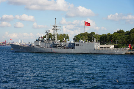 ISTANBUL, TURKIYE - JULY 27, 2024: TCG Gaziantep F-490 Frigate in Istanbul Portのeditorial素材