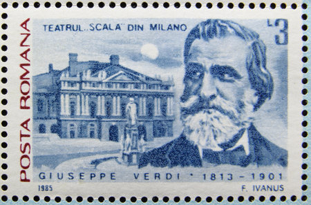 ISTANBUL, TURKEY - JANUARY 03, 2021: Romanian stamp shows La Scala, Milan, Verdi circa 1985のeditorial素材