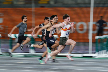 ISTANBUL, TURKIYE - FEBRUARY 22, 2025: Athletes running 60 metres during Turkish Indoor Athletics Championships in Atakoy Athletics Arenaのeditorial素材