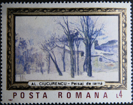 ISTANBUL, TURKEY - APRIL 17, 2021: Romanian stamp shows Winter Landscape by A. Ciucurencu circa 1987のeditorial素材