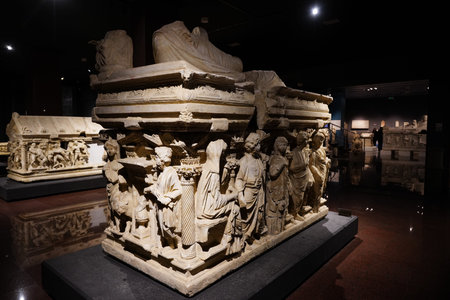ANTALYA, TURKIYE - MARCH 23, 2025: Domitias Iulianus and Domita Philiska Sarcophagus in Antalya Archeological Museumのeditorial素材
