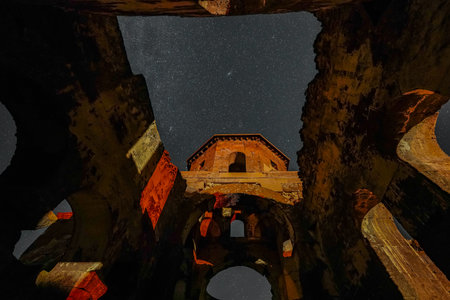 Stars over Red Church in Cappadocia, Nevsehir City, Turkiyeの写真素材