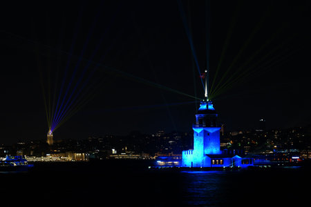 Maidens Tower and Galata Tower in Istanbul City, Turkiyeの写真素材