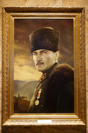 ANKARA, TURKIYE - MARCH 30, 2025: Portrait painting of Ataturk in Anitkabir where is the mausoleum of Ataturk, the founder and first President of the Republic of Turkiye.のeditorial素材
