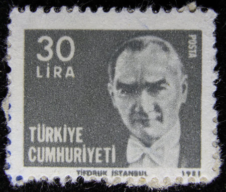 ISTANBUL, TURKEY - DECEMBER 27, 2020: Turkish stamp shows Kemal Ataturk circa 1981のeditorial素材