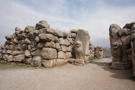 Lion Gate in Hattusa Ancient City in Corum City, Turkiyeの写真素材