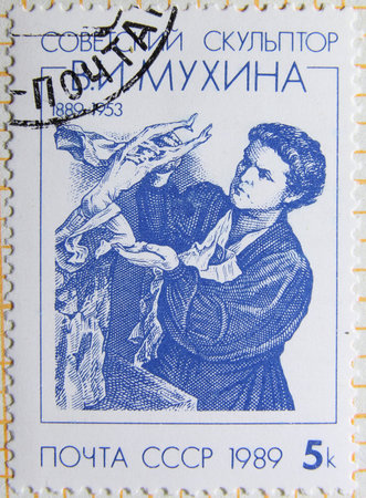 ISTANBUL, TURKEY - JANUARY 03, 2021: Soviet Union stamp shows Vera I. Mukhina (1889-1953), sculptor circa 1989のeditorial素材