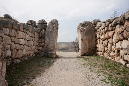 Lion Gate in Hattusa Ancient City in Corum City, Turkiyeの写真素材