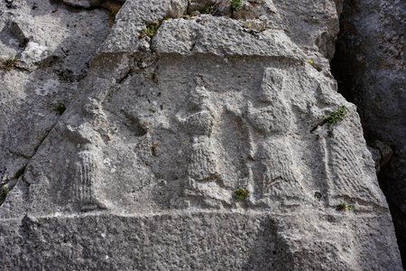 Reliefs in Yazilikaya, Hattusa Ancient City in Corum City, Turkiyeのeditorial素材