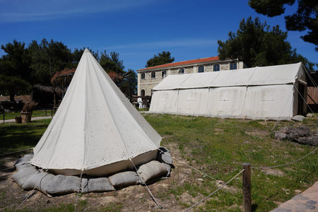 CANAKKALE, TURKIYE - APRIL 23, 2025: Tent in Alcitepe 1915 Red Crescent Hospital Museum in Gallipoliのeditorial素材