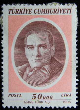 ISTANBUL, TURKEY - DECEMBER 27, 2020: Turkish stamp shows Kemal Ataturk circa 1996のeditorial素材