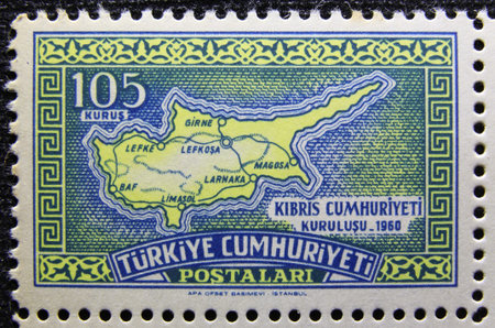 ISTANBUL, TURKEY - JANUARY 03, 2021: Turkish stamp shows Independence of the Republic of Cyprus, Map of Cyprus circa 1960のeditorial素材