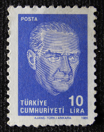 ISTANBUL, TURKEY - JANUARY 03, 2021: Turkish stamp shows Mustafa Kemal Ataturk circa 1985のeditorial素材
