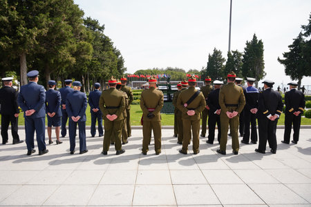 CANAKKALE, TURKIYE - APRIL 24, 2025: Soldiers of representatives in the 110th anniversary of the Gallipoli Land Battles was commemorated at the Martyrs Memorial on the Gallipoli Peninsulaのeditorial素材