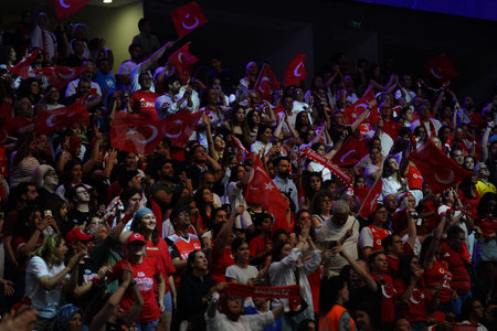 ISTANBUL, TURKIYE - JUNE 22, 2025: Turkiye supporters during Brazil VNL Pool match in Sinan Erdem Domeのeditorial素材