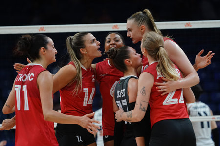 ISTANBUL, TURKIYE - JUNE 18, 2025: Canada players celebrating score point during South Korea VNL Pool match in Sinan Erdem Domeのeditorial素材