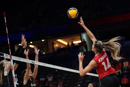 ISTANBUL, TURKIYE - JUNE 22, 2025: Hilary Johnson in action during Belgium vs Canada VNL Pool match in Sinan Erdem Domeのeditorial素材