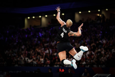 ISTANBUL, TURKIYE - JUNE 19, 2025: Melissa Vargas serves during Canada vs Turkiye VNL Pool match in Sinan Erdem Domeのeditorial素材