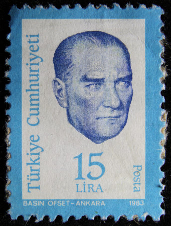 ISTANBUL, TURKEY - DECEMBER 27, 2020: Turkish stamp shows Kemal Ataturk circa 1983