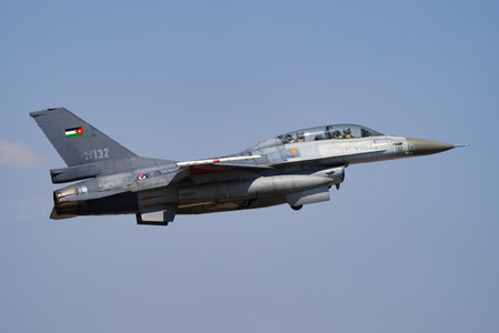 KONYA, TURKIYE - JULY 02, 2025: Jordan Air Force General Dynamics F-16BM Fighting Falcon (6E-12)...