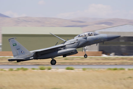 KONYA, TURKIYE - JULY 02, 2025: Saudi Arabia Air Force Boeing F-15SA landing to Konya Airport during...