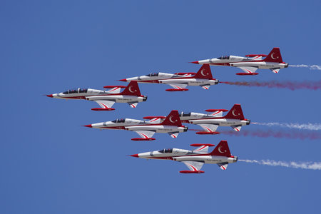 KONYA, TURKIYE - JULY 02, 2025: Turkish Air Force Canadair NF-5A Freedom Fighter Turkish Stars displayed at Konya Airport during Anatolian Eagle Air Force Exerciseのeditorial素材