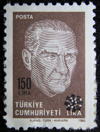 ISTANBUL, TURKEY - DECEMBER 27, 2020: Turkish stamp shows Kemal Ataturk circa 1985のeditorial素材