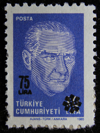 ISTANBUL, TURKEY - DECEMBER 27, 2020: Turkish stamp shows Kemal Ataturk circa 1985のeditorial素材