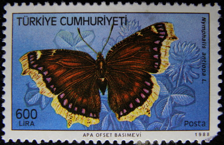 ISTANBUL, TURKEY - DECEMBER 27, 2020: Turkish stamp shows Butterfly Nymphalis antiopa circa 1988のeditorial素材